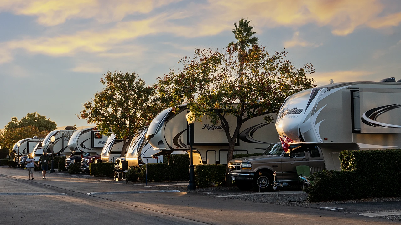 Sunset hour at Golden Village Palms RV Resort