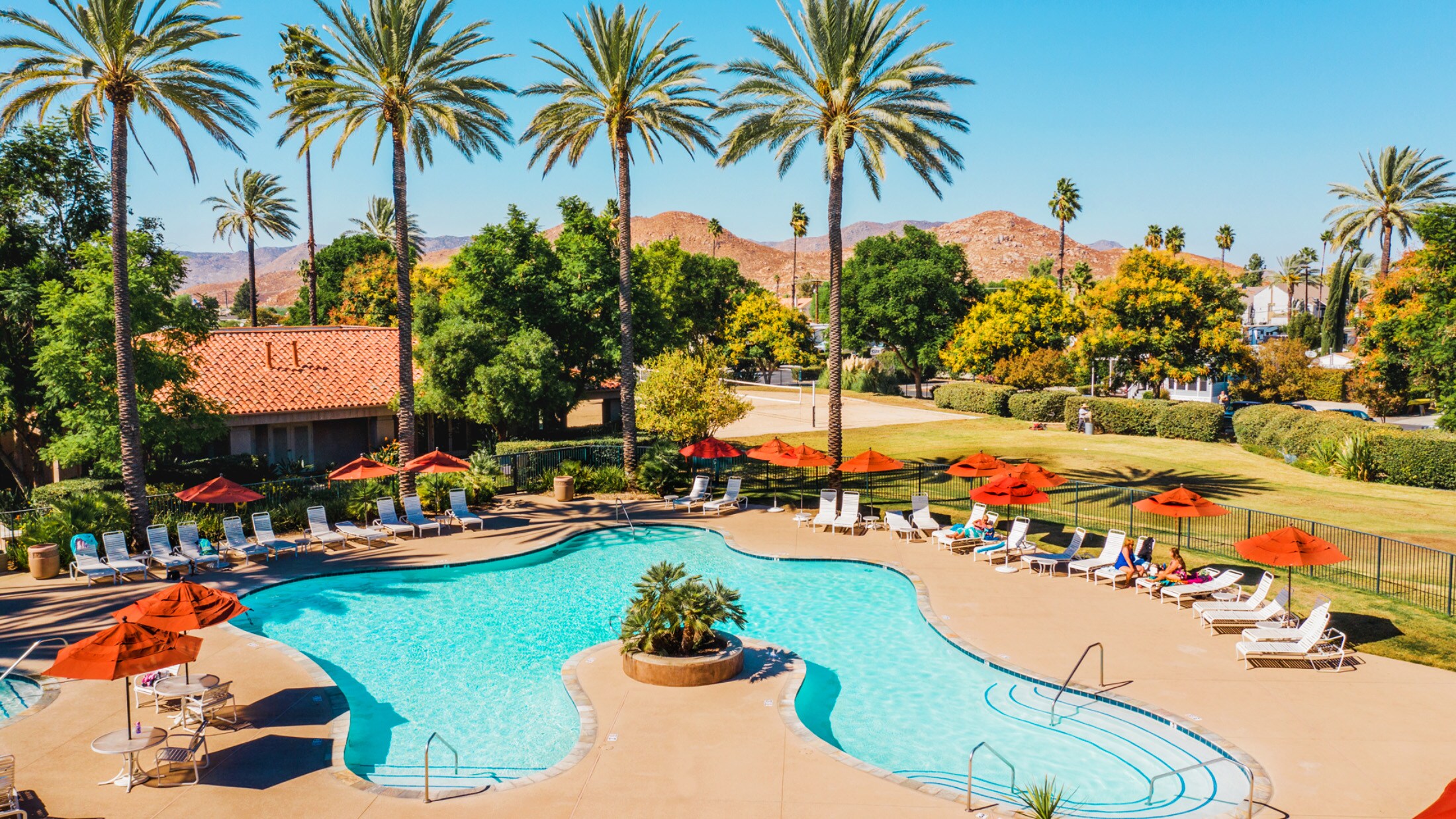 Pool view at Golden Village Palms RV Resort